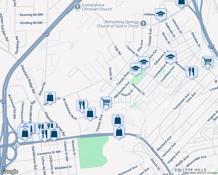 map of restaurants, bars, coffee shops, grocery stores, and more near 2106 Ohio Avenue in Knoxville