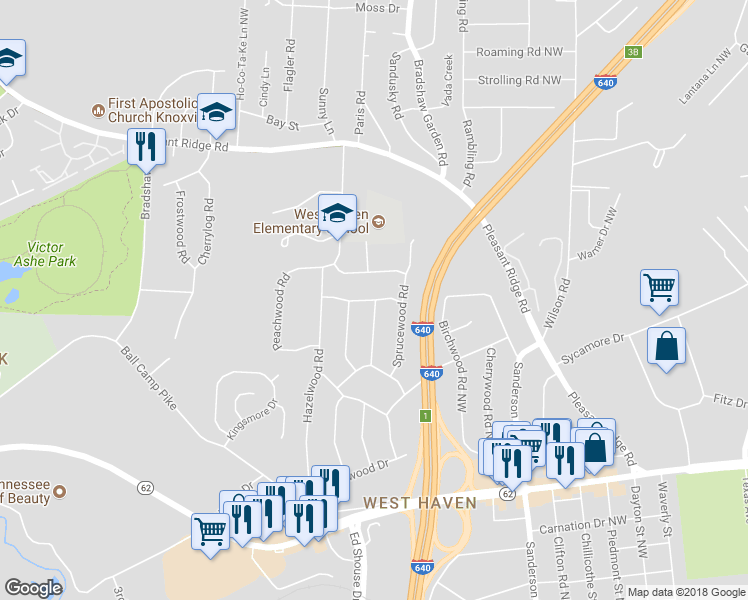 map of restaurants, bars, coffee shops, grocery stores, and more near 4200 Pleasantwood Drive Northwest in Knoxville