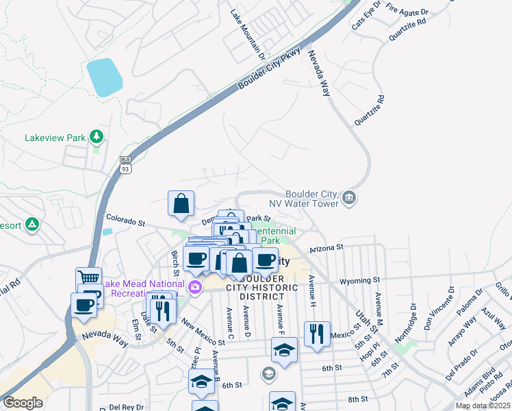 map of restaurants, bars, coffee shops, grocery stores, and more near 1200 Park Street in Boulder City