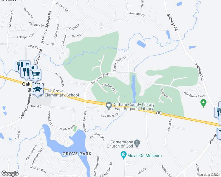 map of restaurants, bars, coffee shops, grocery stores, and more near 210 Newberry Lane in Durham