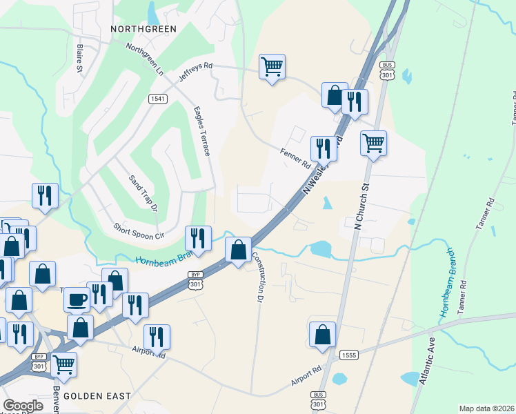 map of restaurants, bars, coffee shops, grocery stores, and more near 1520 North Wesleyan Boulevard in Rocky Mount