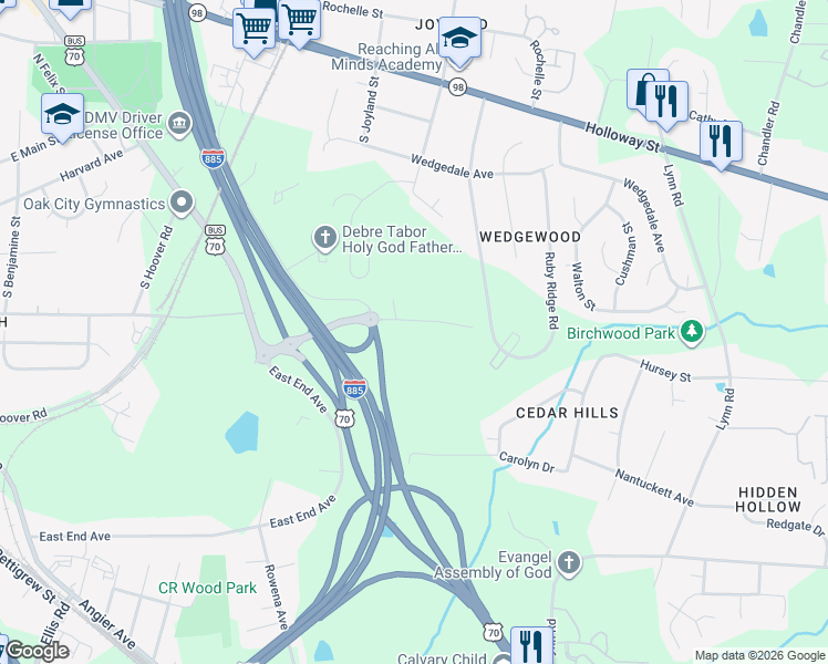 map of restaurants, bars, coffee shops, grocery stores, and more near 3432 Carr Road in Durham