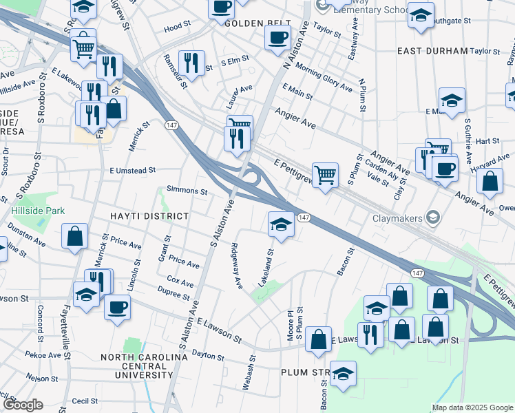map of restaurants, bars, coffee shops, grocery stores, and more near 400 Potter Street in Durham