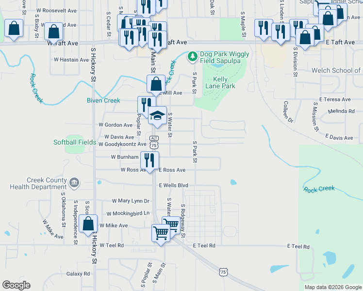 map of restaurants, bars, coffee shops, grocery stores, and more near 121 East Burnham Avenue in Sapulpa