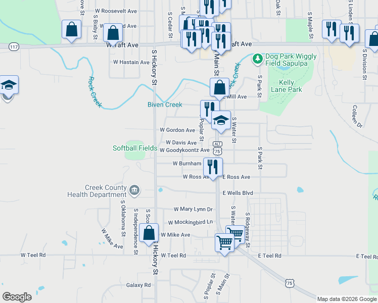 map of restaurants, bars, coffee shops, grocery stores, and more near 23 West Burnham Avenue in Sapulpa