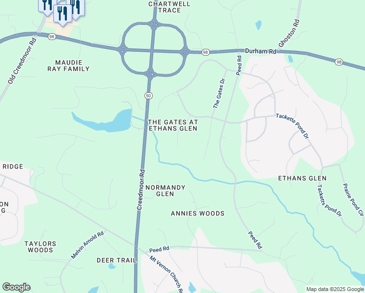 map of restaurants, bars, coffee shops, grocery stores, and more near Upper Creek Way in Raleigh
