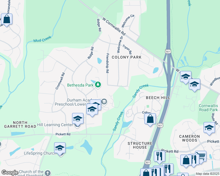 map of restaurants, bars, coffee shops, grocery stores, and more near 2609 Tanglewood Drive in Durham