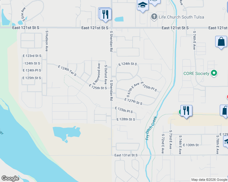 map of restaurants, bars, coffee shops, grocery stores, and more near 12650 South 66th East Avenue in Bixby