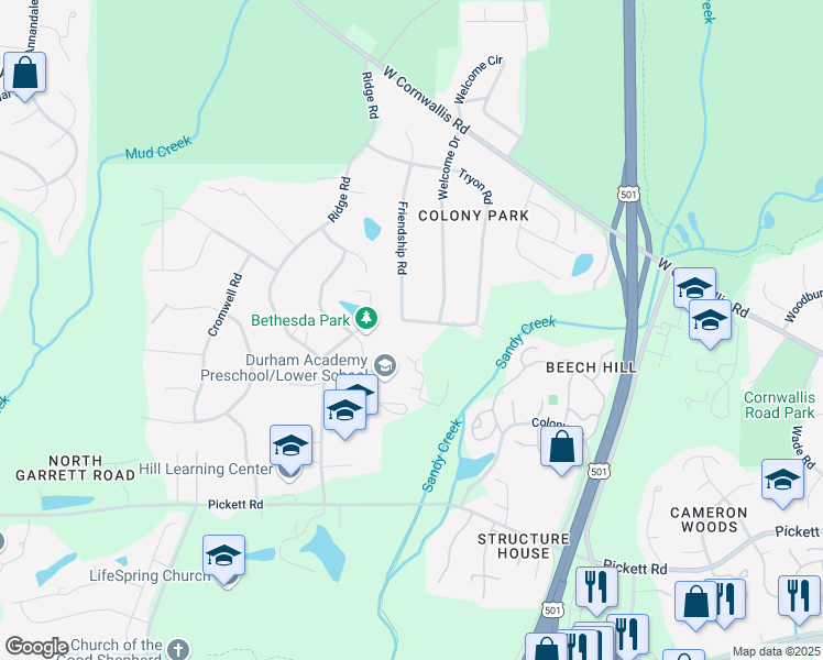 map of restaurants, bars, coffee shops, grocery stores, and more near 2609 Tanglewood Drive in Durham