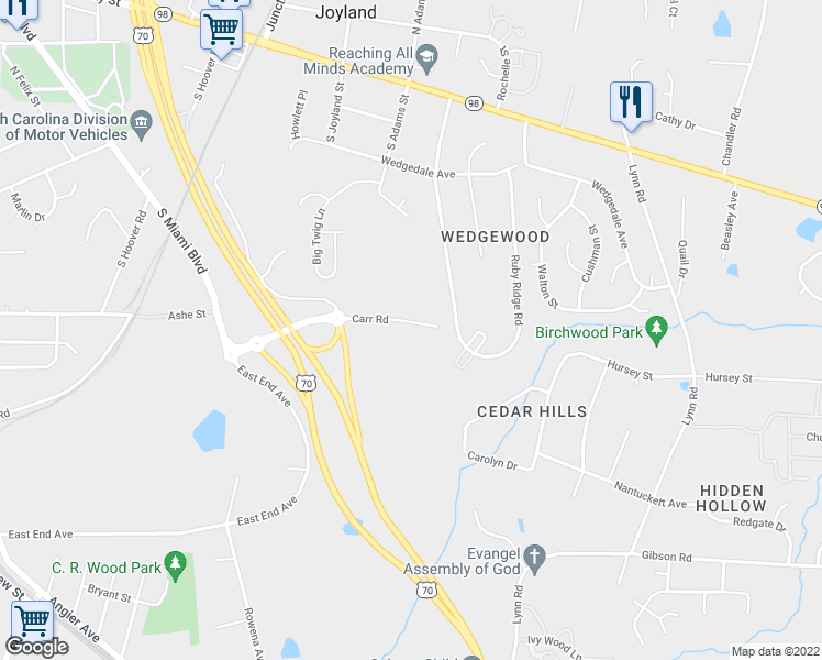 map of restaurants, bars, coffee shops, grocery stores, and more near 3508 Carr Road in Durham