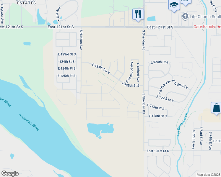 map of restaurants, bars, coffee shops, grocery stores, and more near 6017 East 126th Place South in Bixby