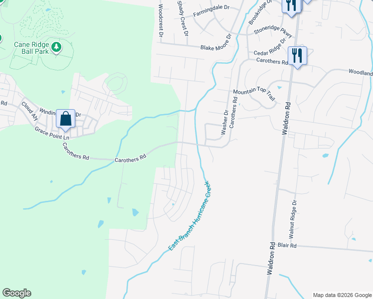 map of restaurants, bars, coffee shops, grocery stores, and more near 100 Macaw Lane in La Vergne