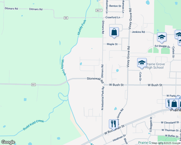 map of restaurants, bars, coffee shops, grocery stores, and more near 919 Stonewall Road in Prairie Grove