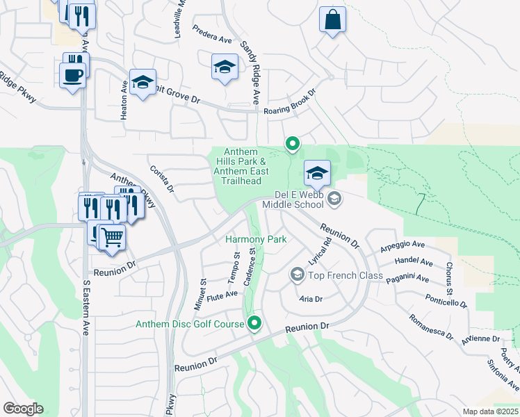 map of restaurants, bars, coffee shops, grocery stores, and more near 1327 Coulisse Street in Henderson