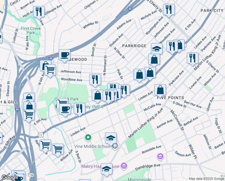 map of restaurants, bars, coffee shops, grocery stores, and more near 1908 East 5th Avenue in Knoxville