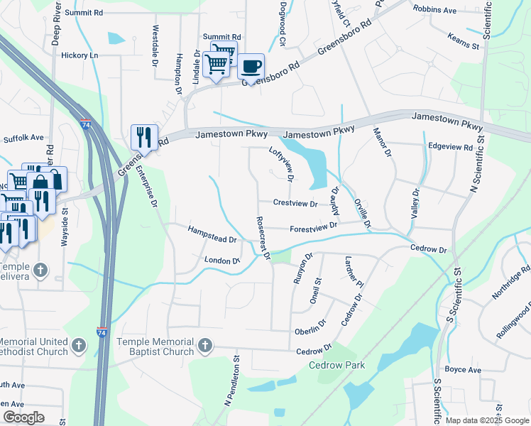 map of restaurants, bars, coffee shops, grocery stores, and more near 3202 Crestview Drive in High Point