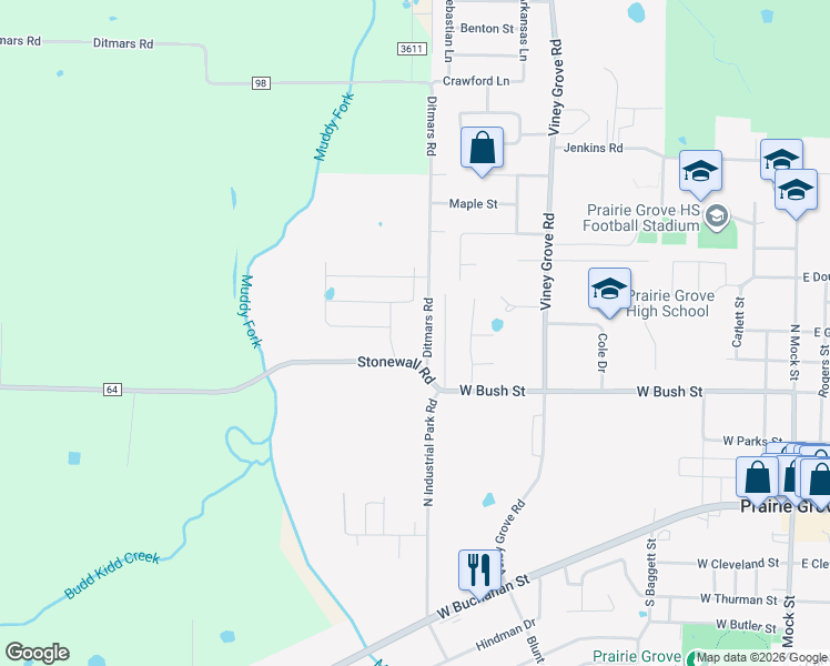 map of restaurants, bars, coffee shops, grocery stores, and more near 438 Ditmars Road in Prairie Grove