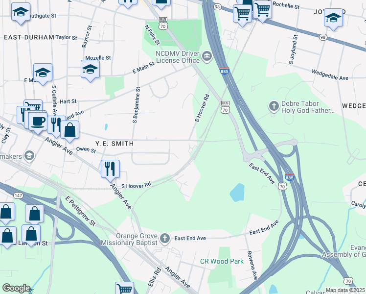 map of restaurants, bars, coffee shops, grocery stores, and more near 2806 Owen Street in Durham