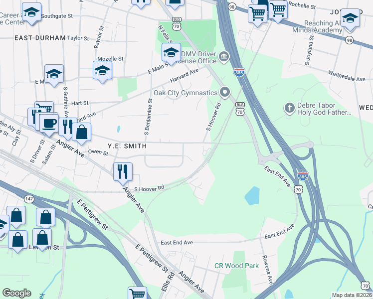 map of restaurants, bars, coffee shops, grocery stores, and more near 2806 Owen Street in Durham