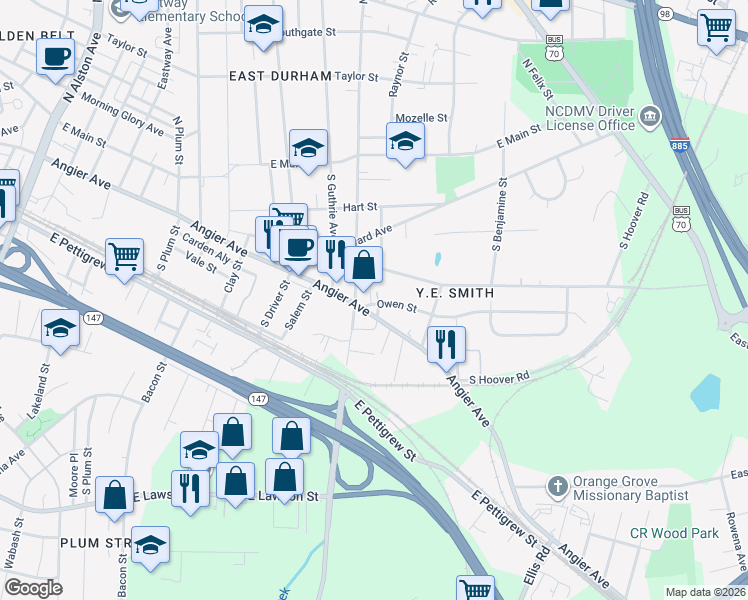 map of restaurants, bars, coffee shops, grocery stores, and more near 502 Bruce Street in Durham