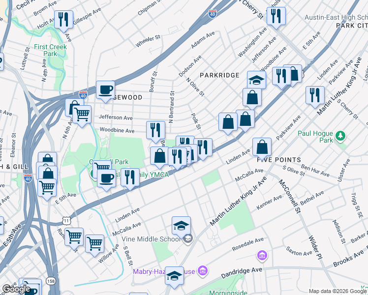 map of restaurants, bars, coffee shops, grocery stores, and more near 1908 East 5th Avenue in Knoxville