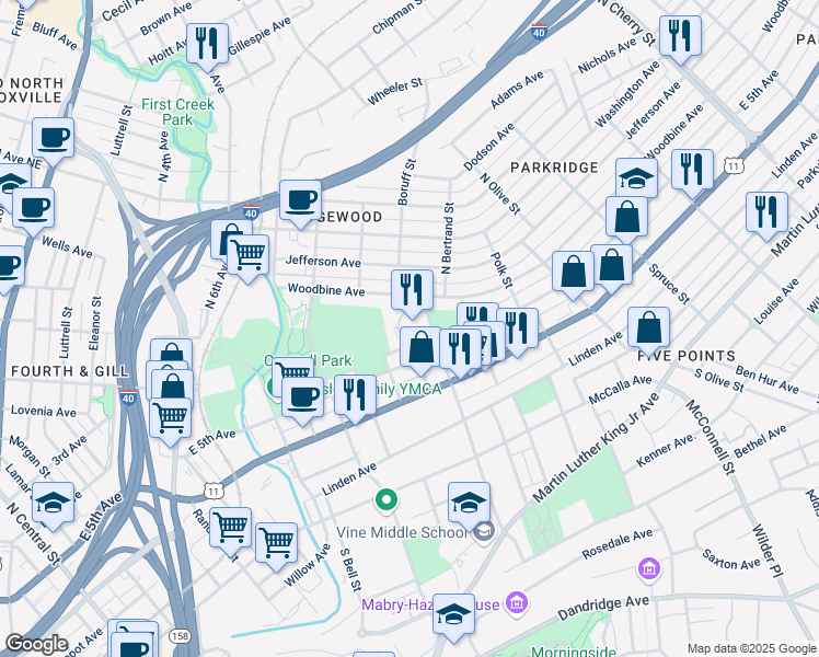map of restaurants, bars, coffee shops, grocery stores, and more near 1805 East 5th Avenue in Knoxville
