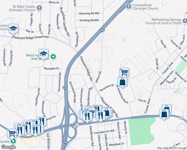 map of restaurants, bars, coffee shops, grocery stores, and more near 3900 Pleasant Ridge Road in Knoxville