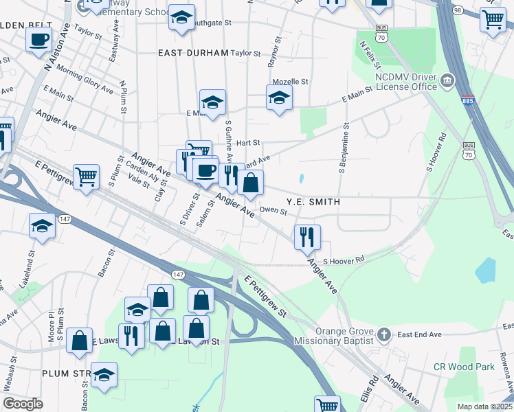 map of restaurants, bars, coffee shops, grocery stores, and more near 502 Bruce Street in Durham
