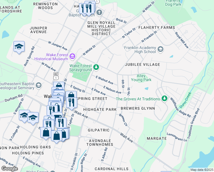 map of restaurants, bars, coffee shops, grocery stores, and more near 531 East Pine Avenue in Wake Forest