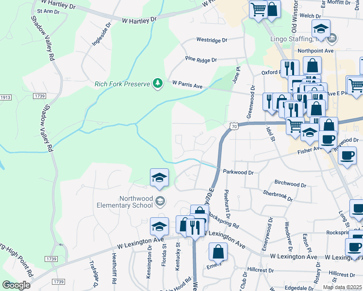 map of restaurants, bars, coffee shops, grocery stores, and more near Ternberry Road in High Point