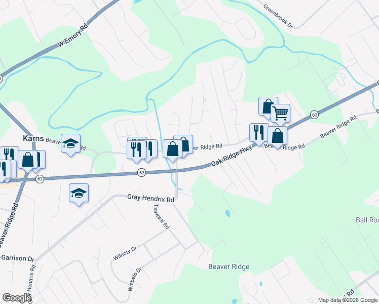 map of restaurants, bars, coffee shops, grocery stores, and more near 7544 Beaver Ridge Road in Knoxville