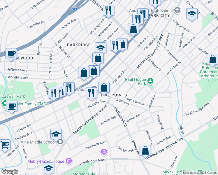 map of restaurants, bars, coffee shops, grocery stores, and more near 2331 Parkview Avenue in Knoxville