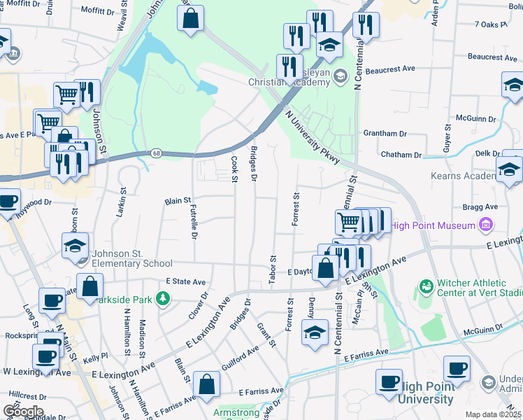 map of restaurants, bars, coffee shops, grocery stores, and more near 1117 Bridges Drive in High Point