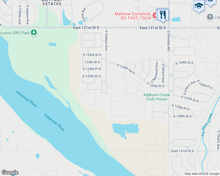 map of restaurants, bars, coffee shops, grocery stores, and more near 12606 South Sheridan Road in Bixby