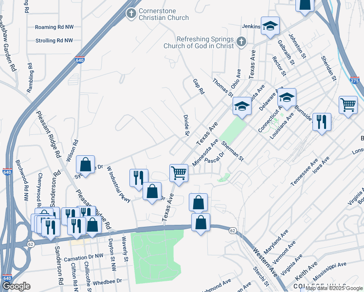 map of restaurants, bars, coffee shops, grocery stores, and more near 2106 Ohio Avenue in Knoxville