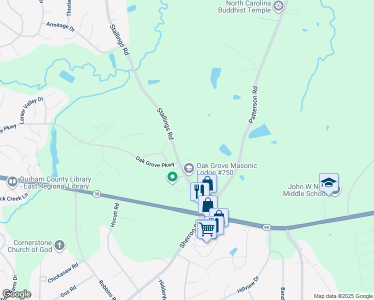 map of restaurants, bars, coffee shops, grocery stores, and more near 300 Stallings Road in Durham