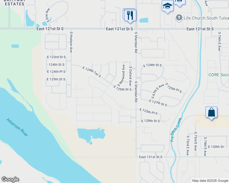 map of restaurants, bars, coffee shops, grocery stores, and more near 6322 East 125th Street South in Bixby