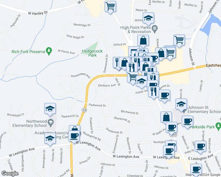 map of restaurants, bars, coffee shops, grocery stores, and more near 207 Elmhurst Avenue in High Point