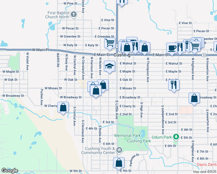 map of restaurants, bars, coffee shops, grocery stores, and more near 215 North Steele Avenue in Cushing