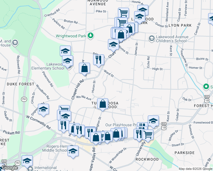 map of restaurants, bars, coffee shops, grocery stores, and more near 2331 Huron Street in Durham