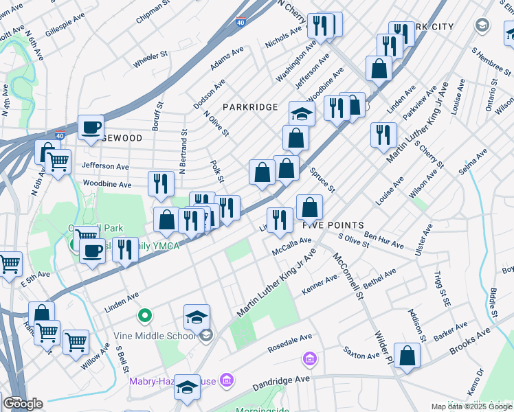 map of restaurants, bars, coffee shops, grocery stores, and more near 2115 Linden Avenue in Knoxville