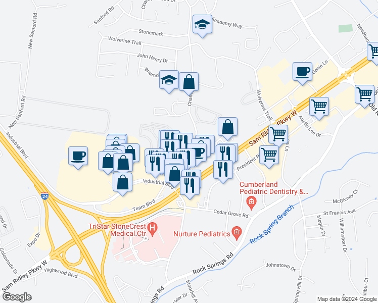 map of restaurants, bars, coffee shops, grocery stores, and more near 400 Chaney Road in Smyrna