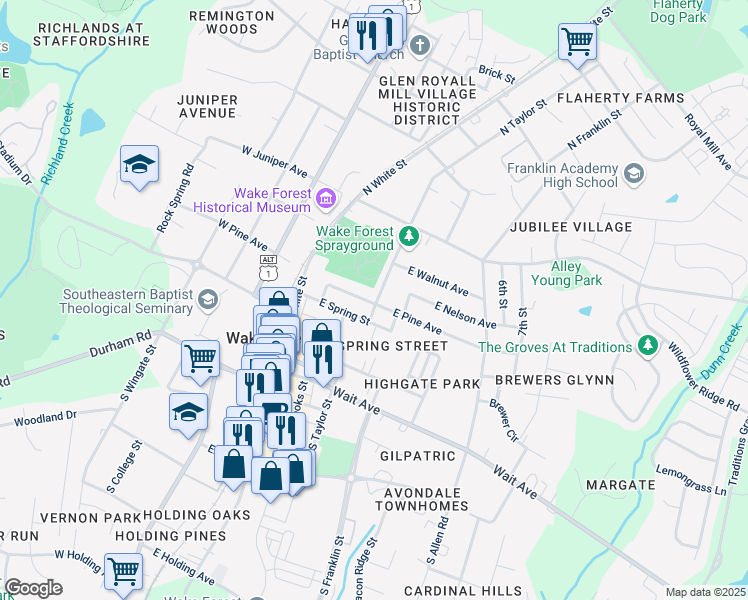 map of restaurants, bars, coffee shops, grocery stores, and more near 347 East Pine Avenue in Wake Forest
