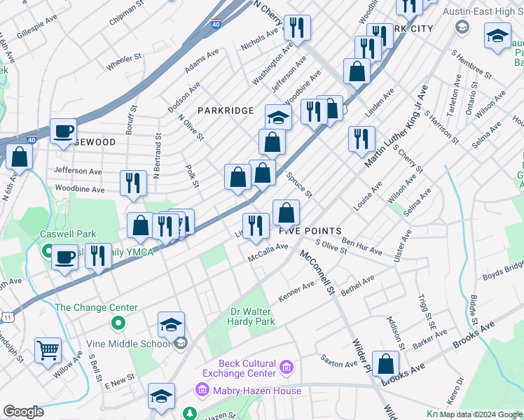 map of restaurants, bars, coffee shops, grocery stores, and more near 304 North Olive Street in Knoxville