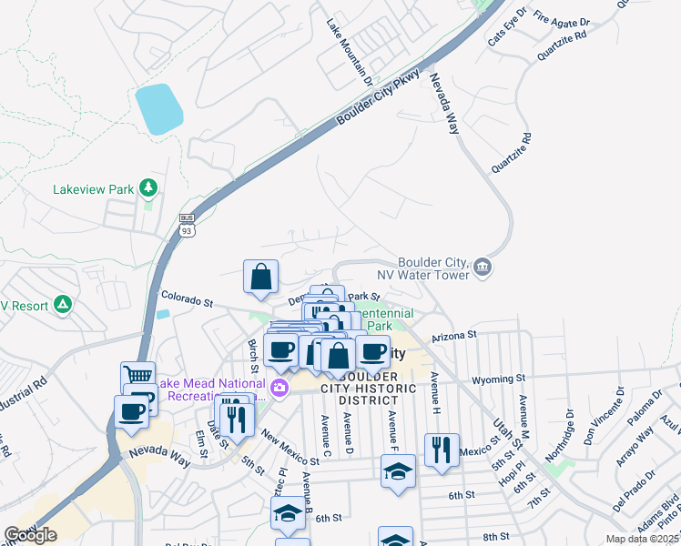 map of restaurants, bars, coffee shops, grocery stores, and more near 3 Linda Lane in Boulder City