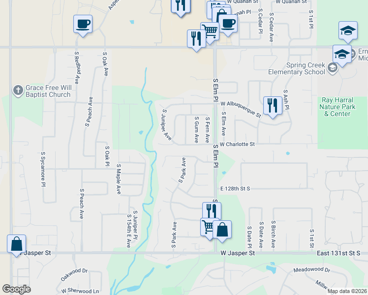 map of restaurants, bars, coffee shops, grocery stores, and more near 7509 South Ironwood Avenue in Broken Arrow