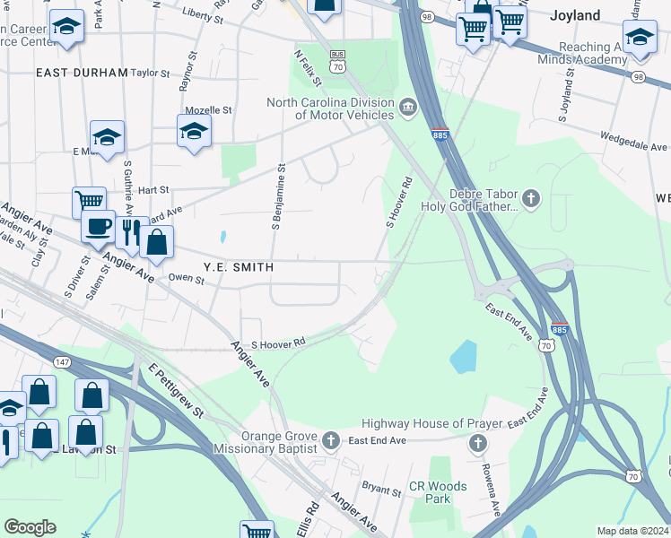 map of restaurants, bars, coffee shops, grocery stores, and more near 2810 Ashe Street in Durham
