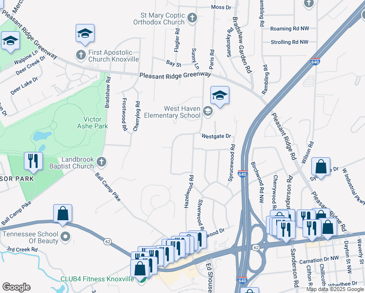 map of restaurants, bars, coffee shops, grocery stores, and more near 3520 Plumwood Drive in Knoxville