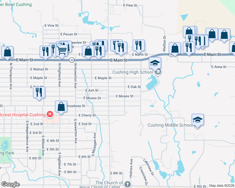 map of restaurants, bars, coffee shops, grocery stores, and more near 1425 East Oak Street in Cushing