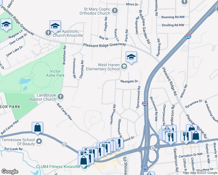 map of restaurants, bars, coffee shops, grocery stores, and more near 3520 Plumwood Drive in Knoxville
